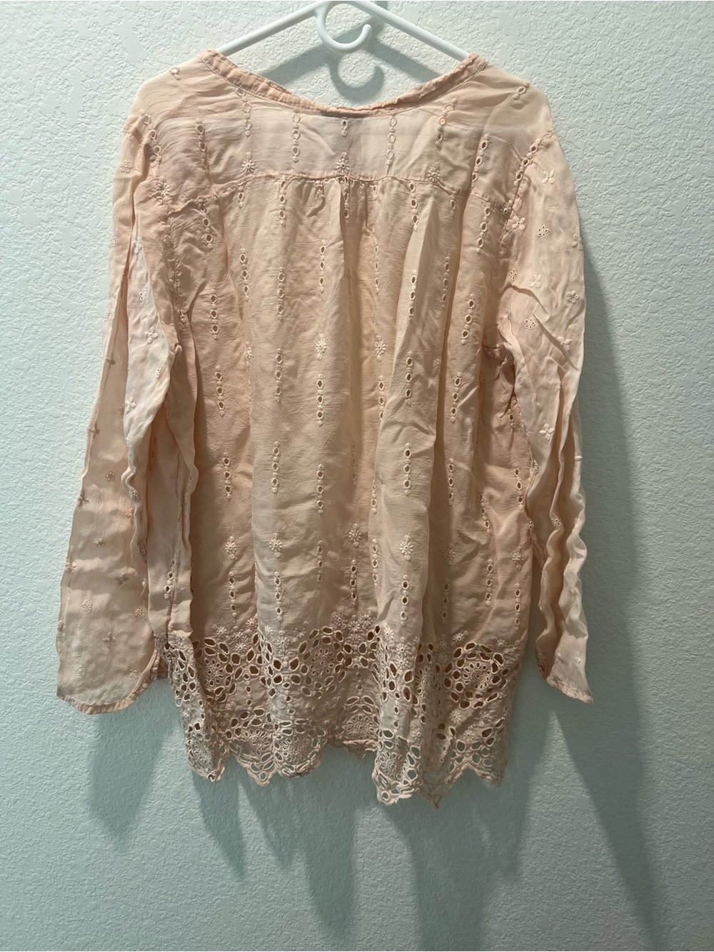 Johnny Was Eyelet Embroidered Blouse Top XL Boho Peasant Pink Crochet Hem - Picture 3 of 5